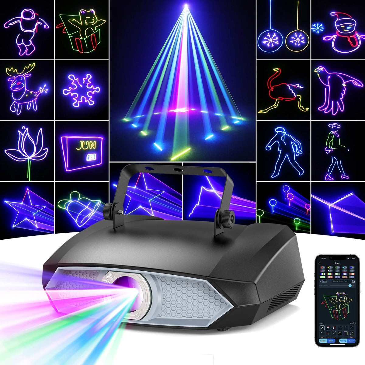 2W 3D Animation Laser Light DMX APP Control Full Color RGB Manual Graffiti DJ Animation Laser Projector for Party Bar Events MegaBDM