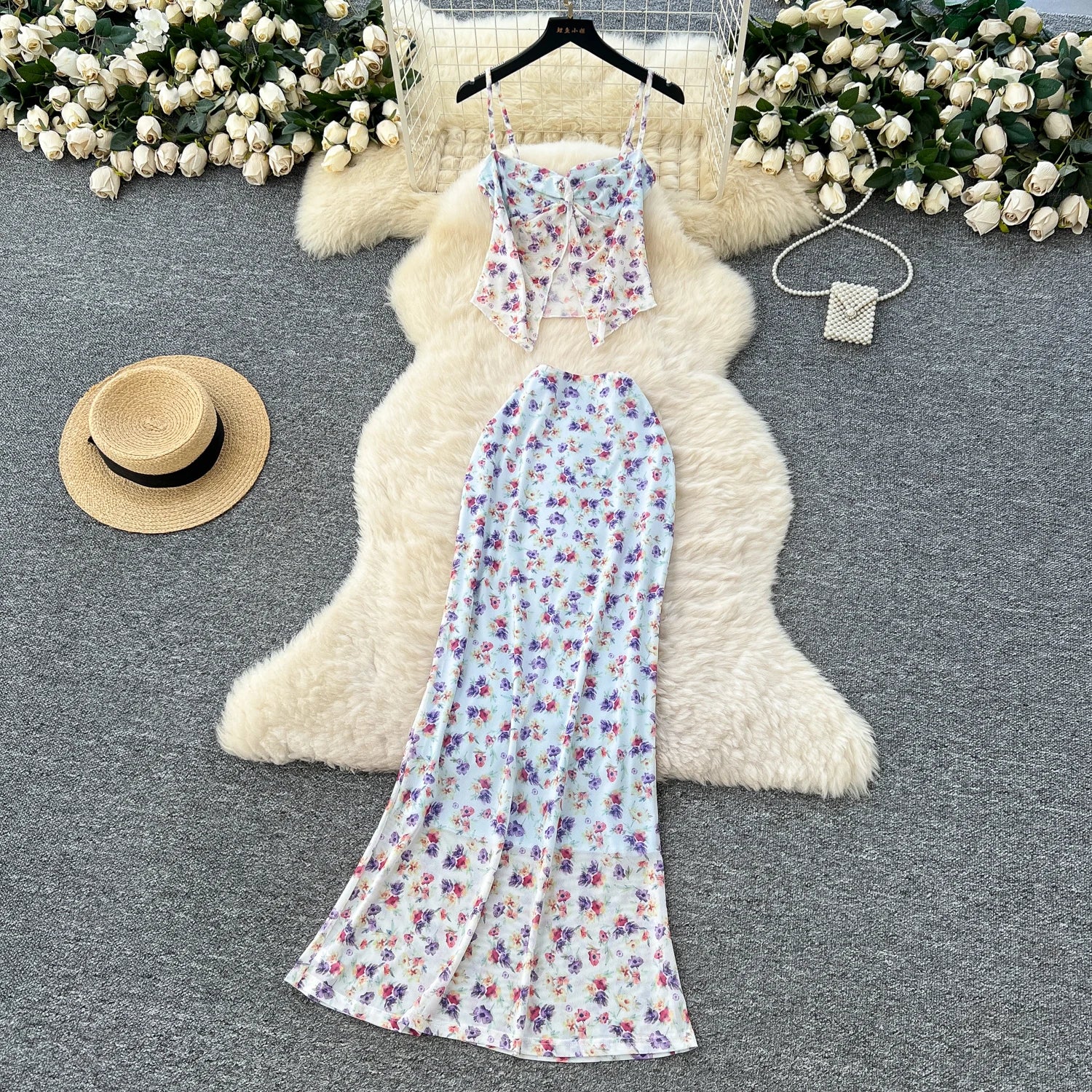 Summer Women's Y2K Sets Tube Top And High Waist Floral Printed Slit Hip Skirts Set Clothing Wholesale