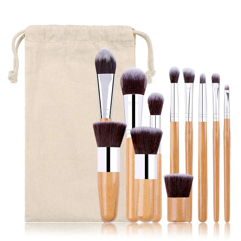 11pcs Bamboo Handle Makeup Brush Set Wholesale Eco Friendly Makeup Brushes with Linen Bag MegaBDM