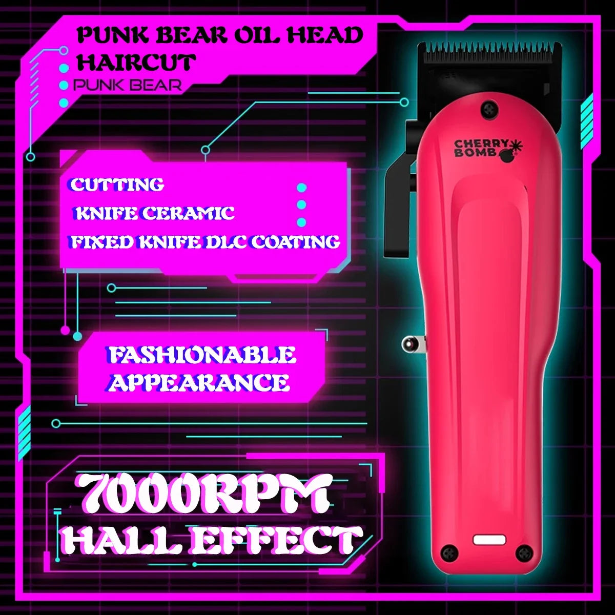 Professional Electric Hair Clipper 5 Gradient DLC Blade Barber Hair Trimmer for Man Everglow 7000RPM Adjust Punk Bear Clipper