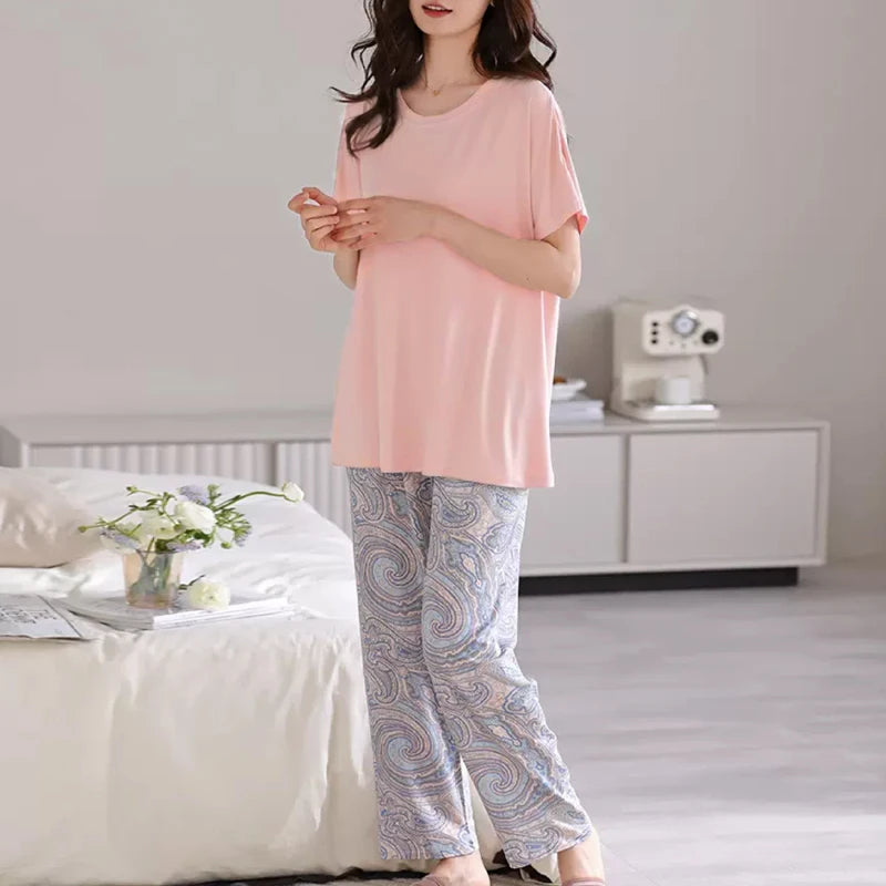 New Design Women Pajama Set Solid Short Sleeve Top and Paisley Pattern Long Pants Set 2 Piece Sleepwear for Ladies