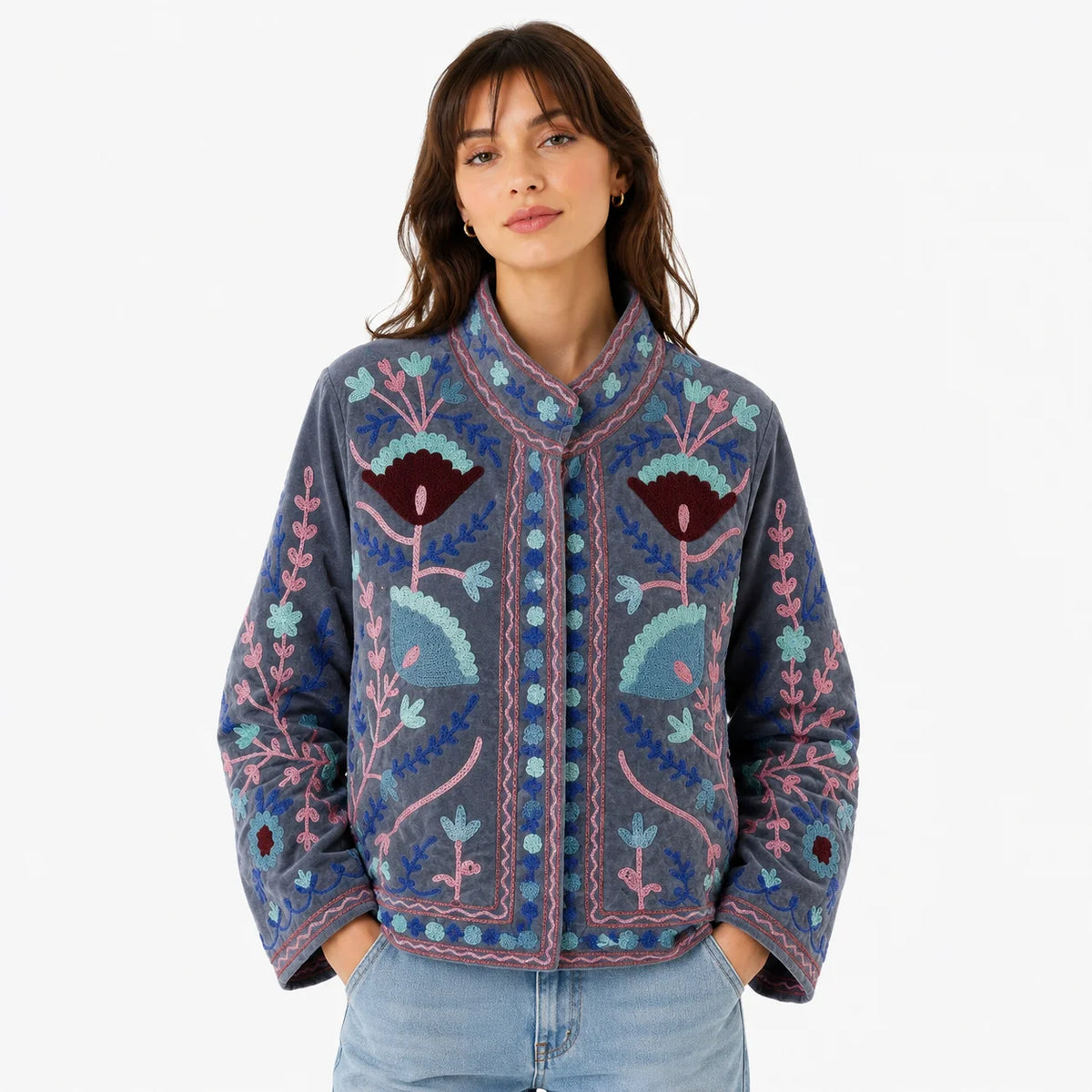 Women's Vintage Embroidered Velvet Blouson Jacket Floral Suzani Pattern Regular Length Eco-Friendly Winter Cotton Cotton MegaBDM