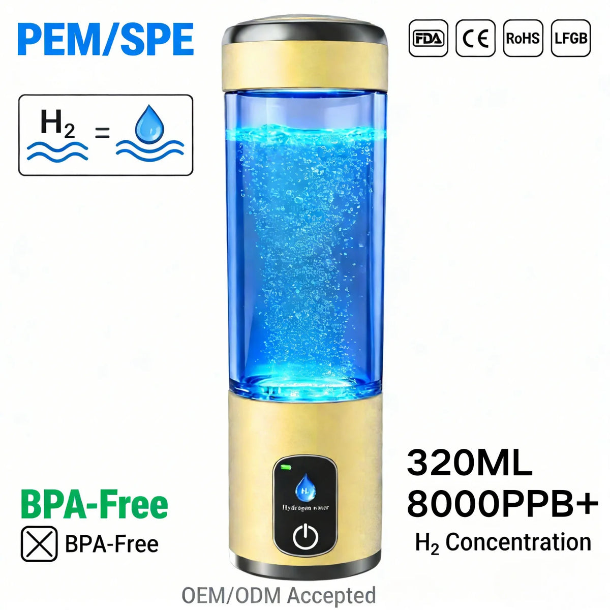Supplier Customized H88 Private Model Luxury Gold Spe Pem Technology Bpa Free Tritan 8000 Ppb Hydrogen Water Bottle Steady MegaBDM