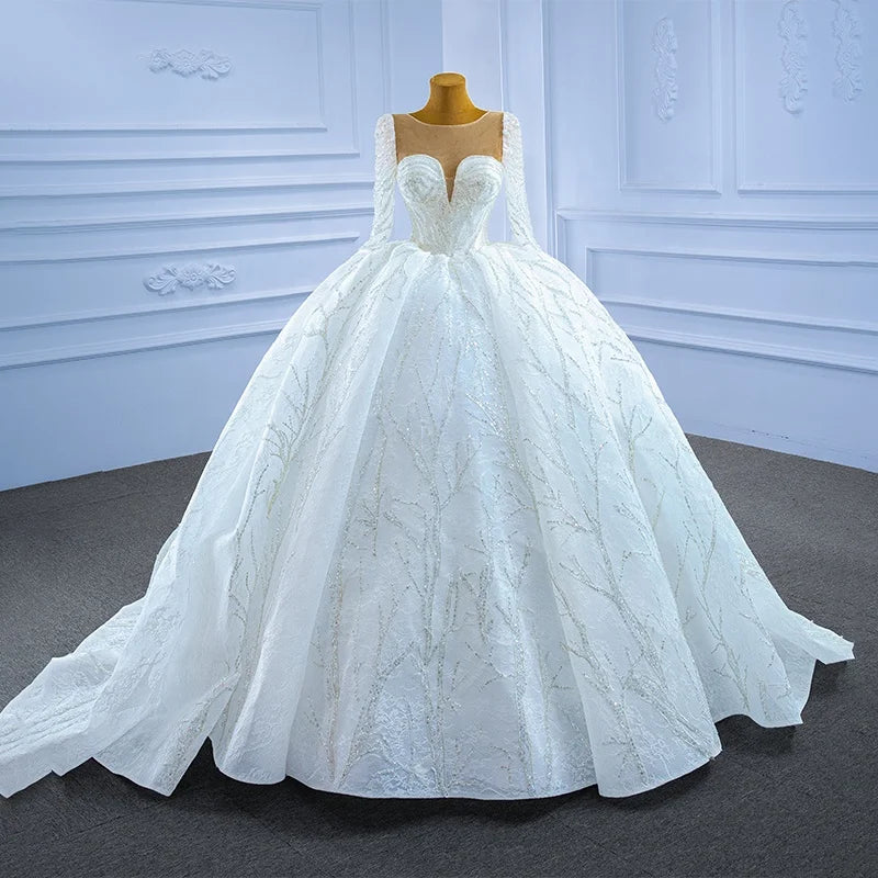 Jancember RSM67273 Illusion Empire Sequins Long Sleeve Bridal Ball Gown Wedding Dresses