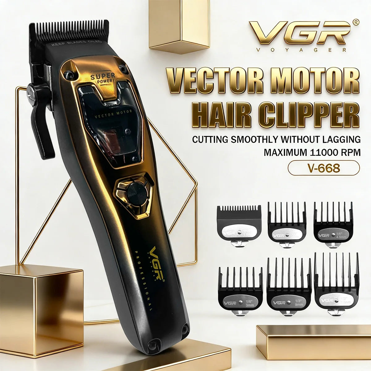 VGR Hair Clipper Professional Hair Cutting Machine Barber Vector Motor Cordless Trimmer 11000 RPM Metal Clipper for Men V-668