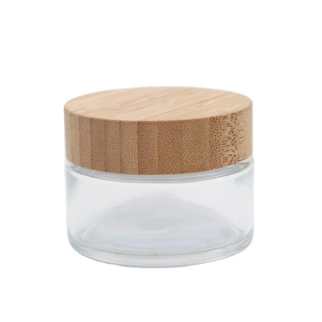 Glass Jar with Bamboo Lid 2 oz Flower Packaging Wood Lid Screw Cap air Tight Wide Mouth Bamboo Glass Jar