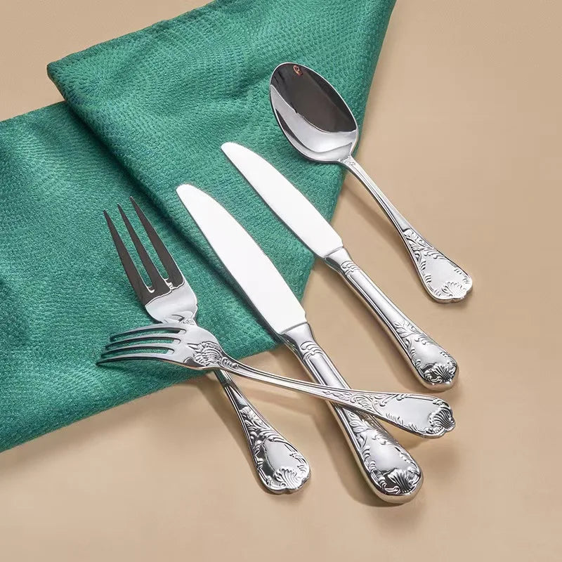 European-Style Embossed Durable Stainless Steel Flatware Set for Party Use Full Table Cutlery High Mirror Polish Light Luxury