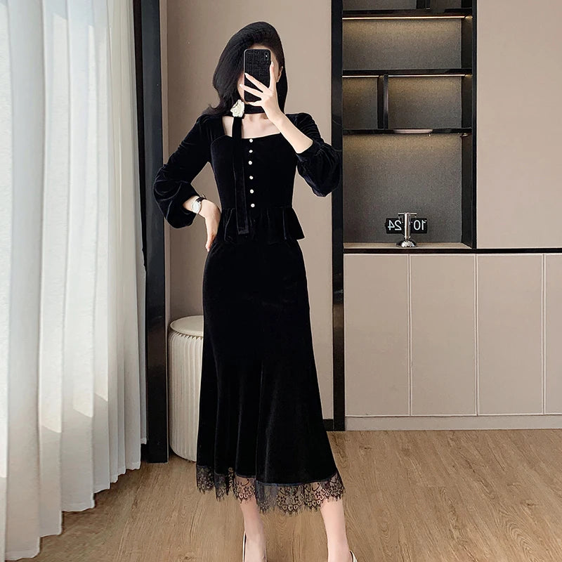 Fall Vintage 2 Piece Set for Women Halter Top And Lace Set Clothing Wholesale