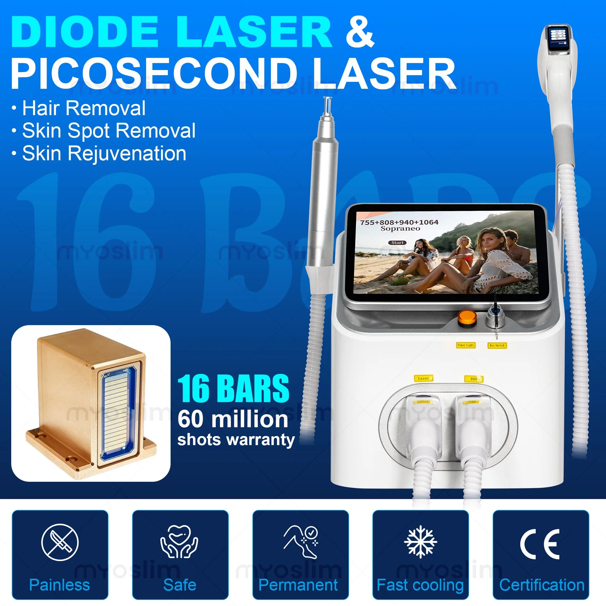 NEW Professional FAC 2 IN 1 Diode Laser 5000w Hair Removal Machine Pico Qswitch ND YAG tattoo removal machine 4 Waves 808NM
