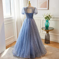 Elegant Dusty Blue Womens Evening Dress Puff Sleeve Beaded Sequin Bodice Tulle A-Line Maxi Gown Eco-Friendly Breathable for Prom MegaBDM