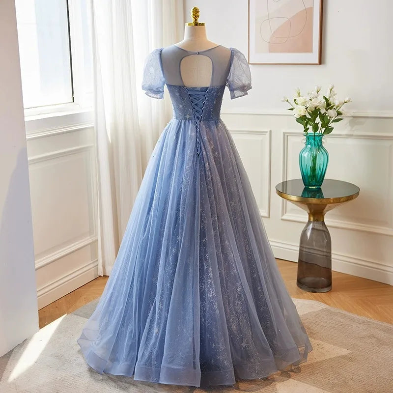 Elegant Dusty Blue Womens Evening Dress Puff Sleeve Beaded Sequin Bodice Tulle A-Line Maxi Gown Eco-Friendly Breathable for Prom MegaBDM