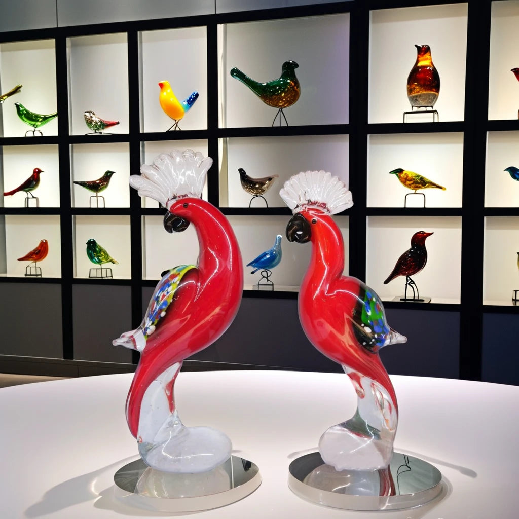 Hand Blown Vivid Red Glass Folk Art Love Parrot Sculpture 23-24cm Handmade Artistic Wedding Gift for Table Decor