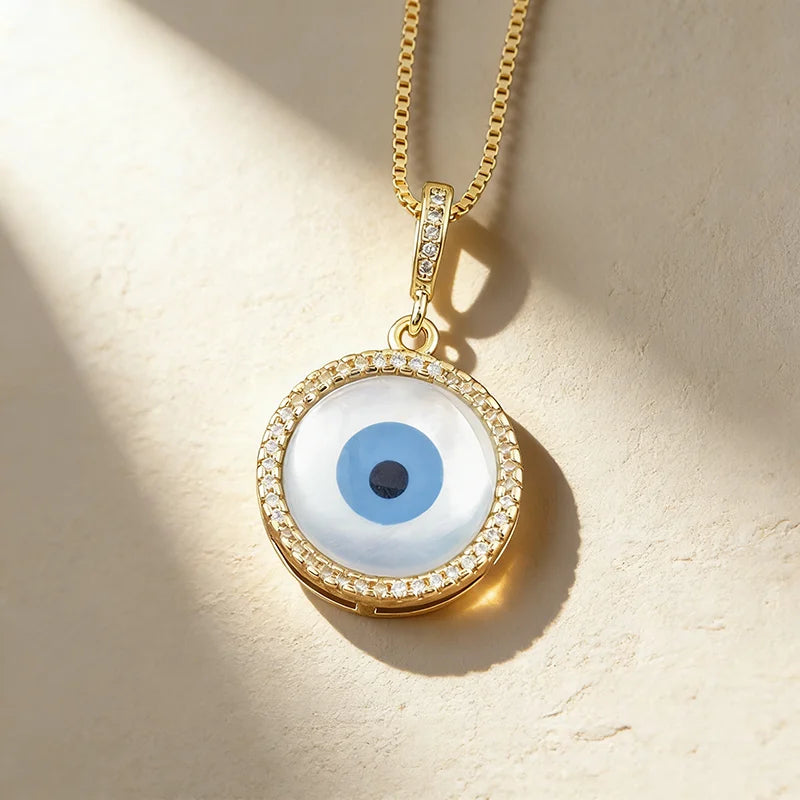 QIKU Round Shape Blue Eye Pendant Women Necklace Copper Zircon Creative Jewelry Unusual Accessories Gift Wholesale Dropshipping