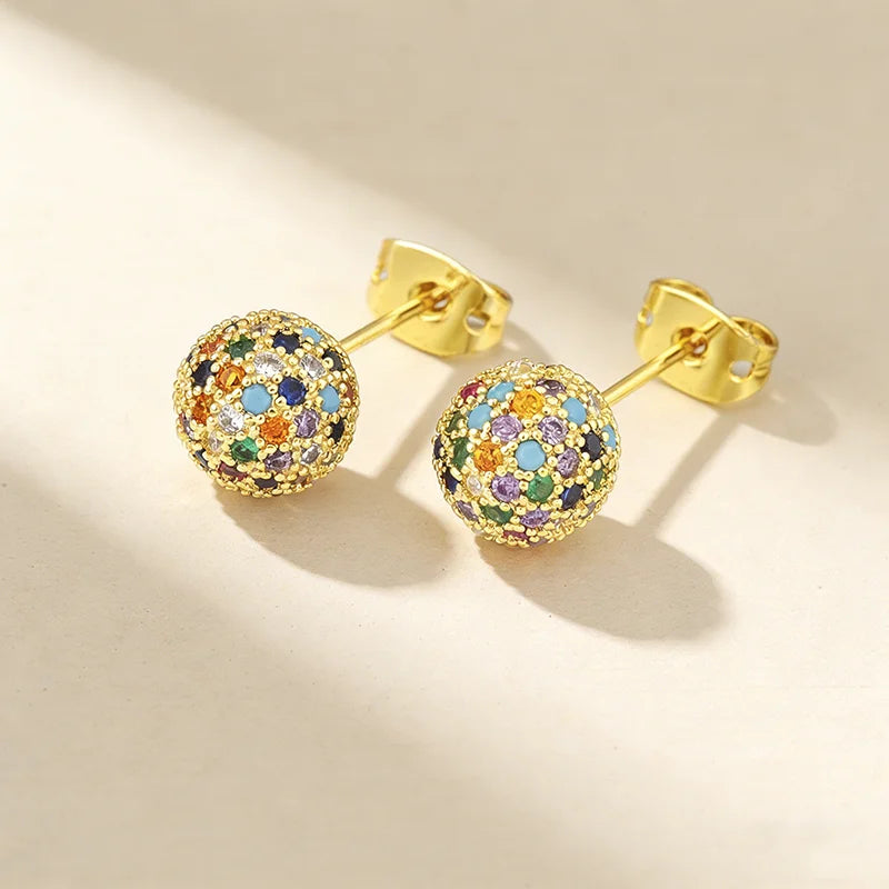 QIKU New Arrival Ball Shape Stud Earrings Colorful Shiny Crystal Rainbow Copper Zircon Women Party Wedding Jewelry Accessories