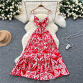 2025 Summer Vintage V-Neck Tunic Slim Casual Midi Dress For Women Empire Printed Lace Dress