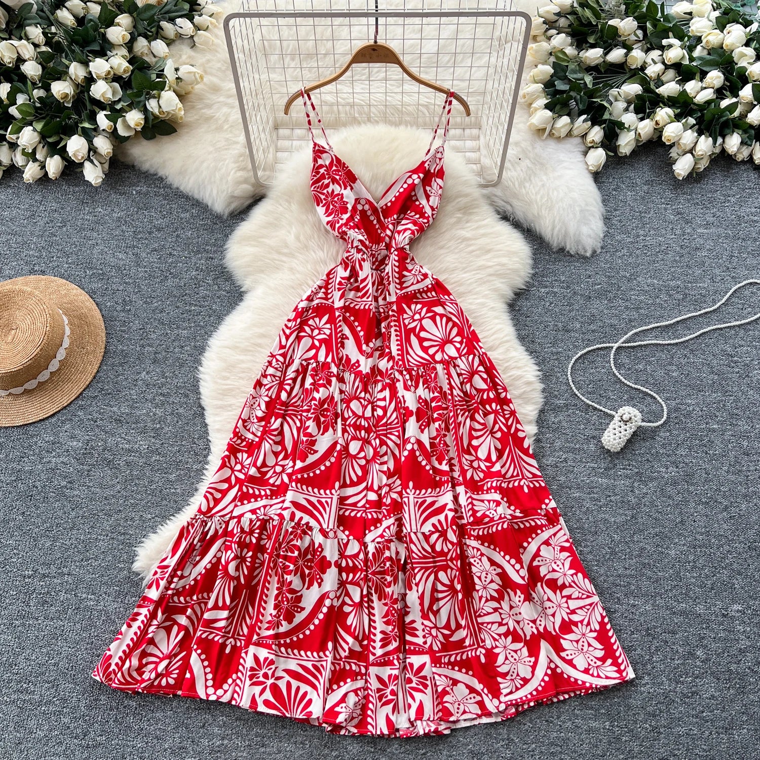 2025 Summer Vintage V-Neck Tunic Slim Casual Midi Dress For Women Empire Printed Lace Dress