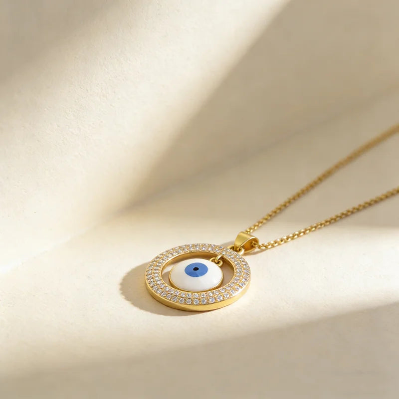 QIKU Round Eye Shape White Rhinestone Pendant Women Necklace Copper Zircon Jewelry Unusual Accessories Gift Wholesale Price