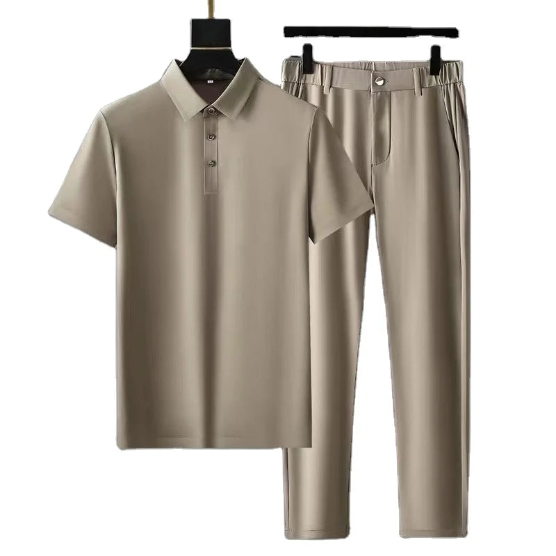 OEM Customized Logo Design men summer ice silk short-sleeved thin striped high-end business casual suit two-piece suit