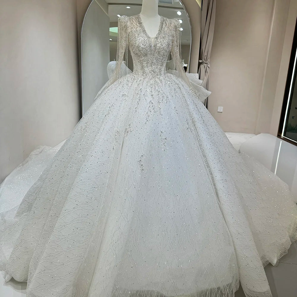 For Jancember DW0076 Modern Women's Wedding Dress Generous V-Neck Tassel Puffy Lace Ball Gown Long Chapel Train Crystals Flowers