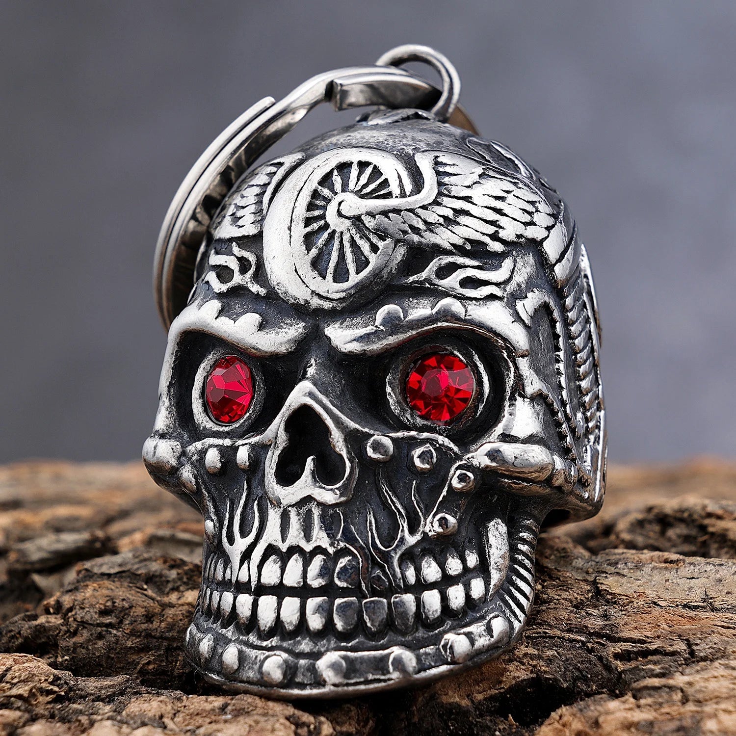 Gothic Punk Motorcycle Biker Bell Red Eyes Motorcycle Angel Wing Skull Guarding Bells Pendant Gifts for Him Her