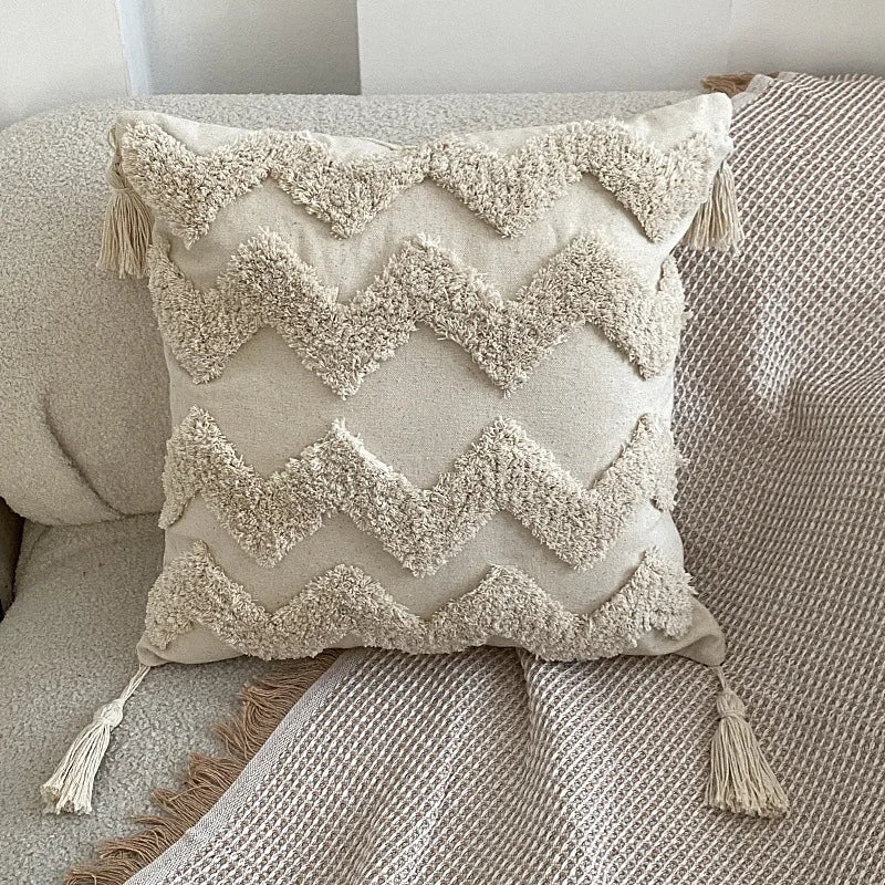 Boho Ethnic Retro Style Tufted Square Pillow Office Decorative Throw Cushion with Tassels for Hotel Use