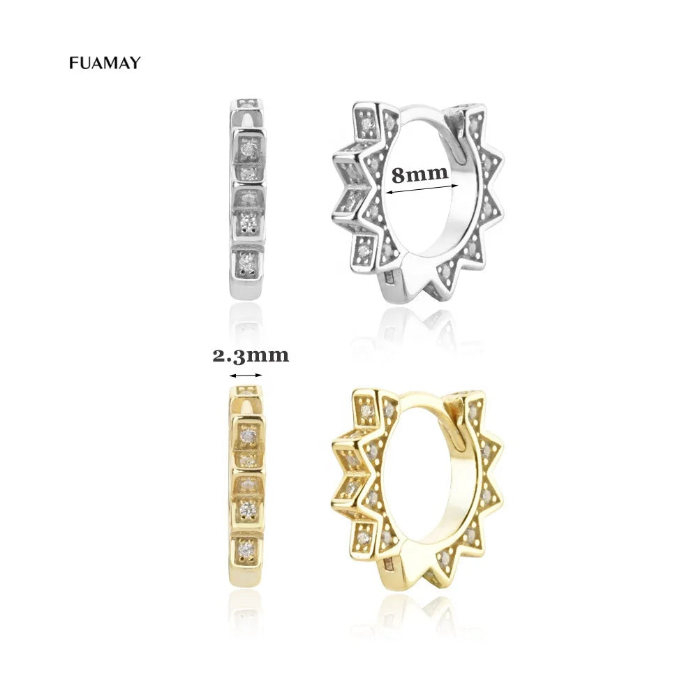 FUAMAY CZ Gold Plated Punk Horn Spike Huggie Hoop Earrings S925 Silver Zircon Jewelry Gift