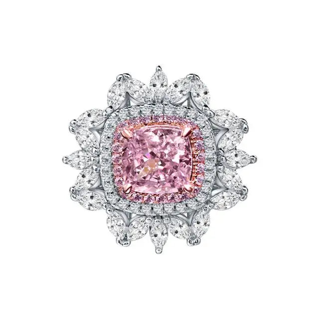 925 Silver Pink White Round Zircon Side Stones Radiant Cut Flower Shape Pink Diamond Ring