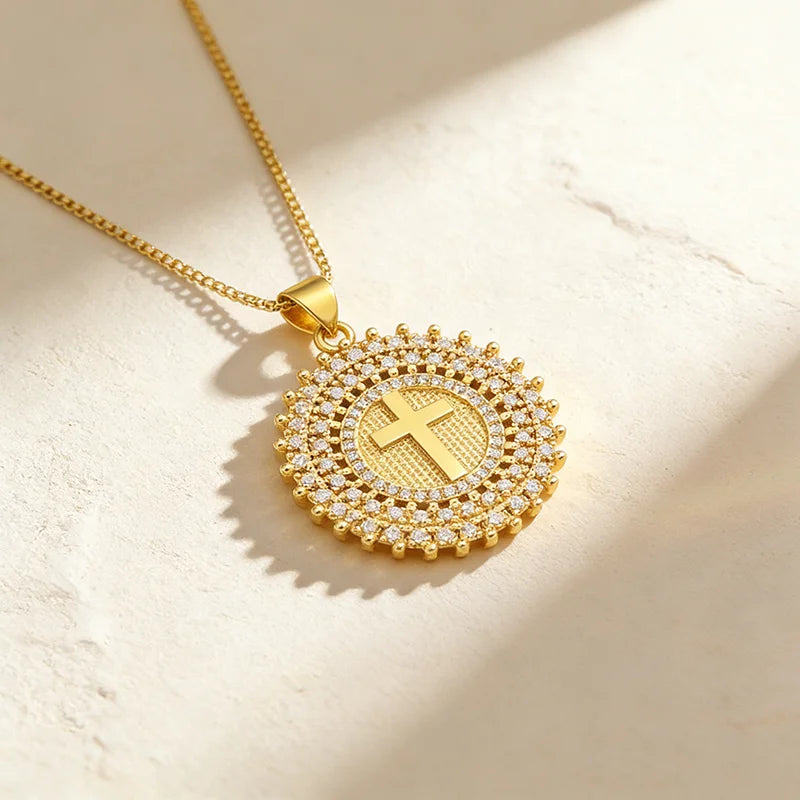 QIKU Copper 18k Adjustable Thin Rhinestone Chain Pave Metallic Crucifix Religious Pendant Necklace Jewelry for Mothers Day Gift