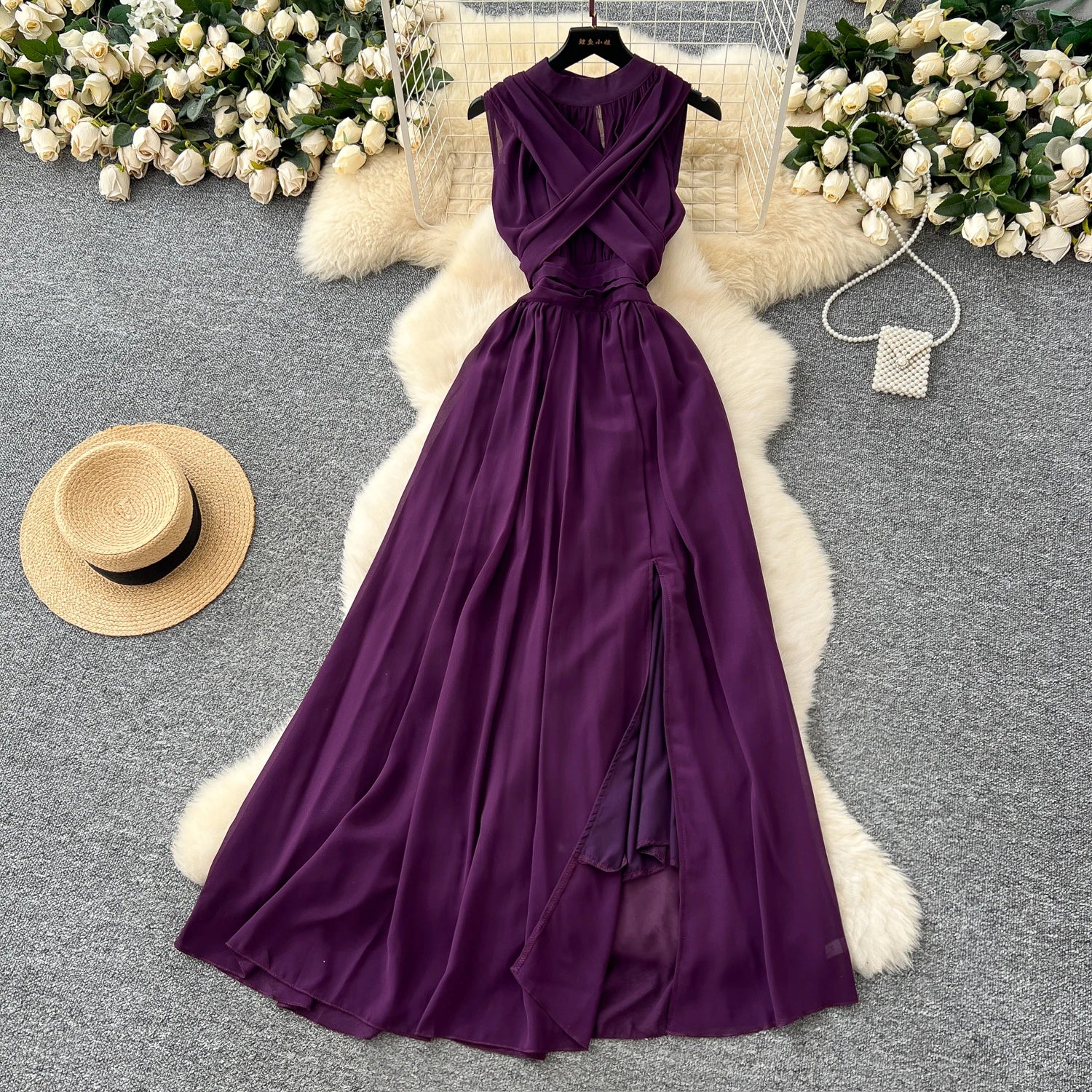 Summer Roman Halter Slit Tunic Bandage Casual Midi Dress For Women Sleeveless Empire Lace Dress
