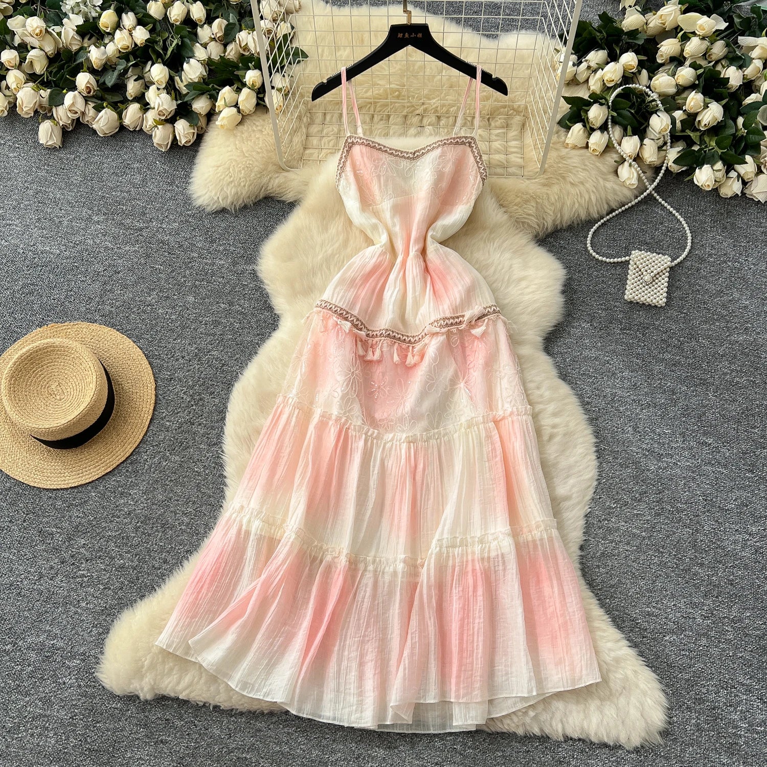 2025 Summer Beach Tunic Casual Midi Dress For Women Empire Tie Dye Embroidery Sequined Lace Dress