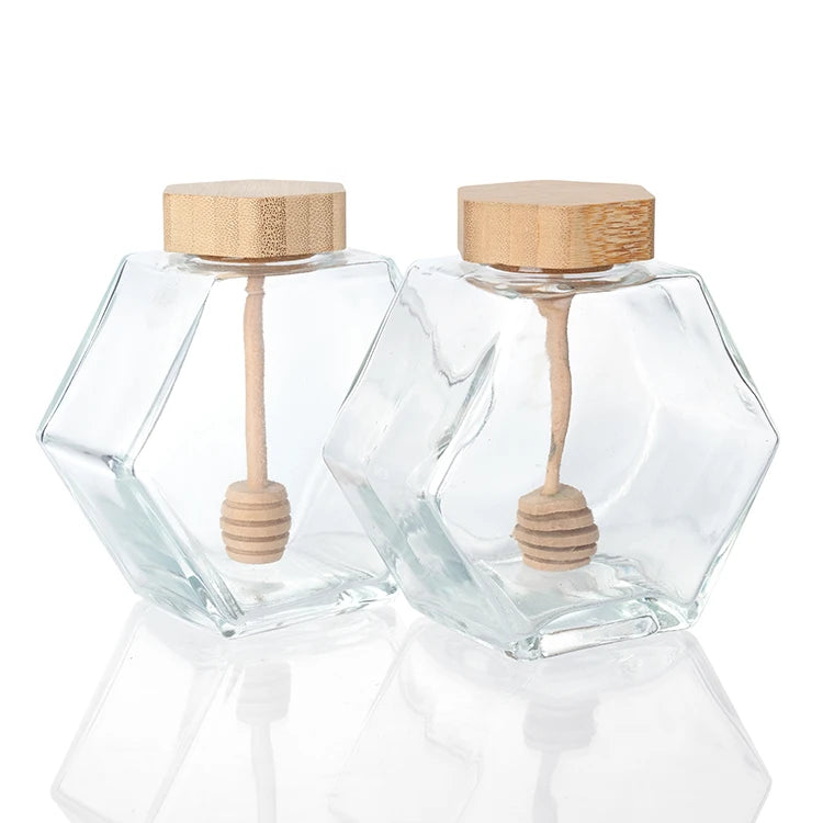 Factory Customized Hexagon Shaped Honey Glass Jar Jam for Syrup Dispenser Glass Bottle With Wooden Metal Lids