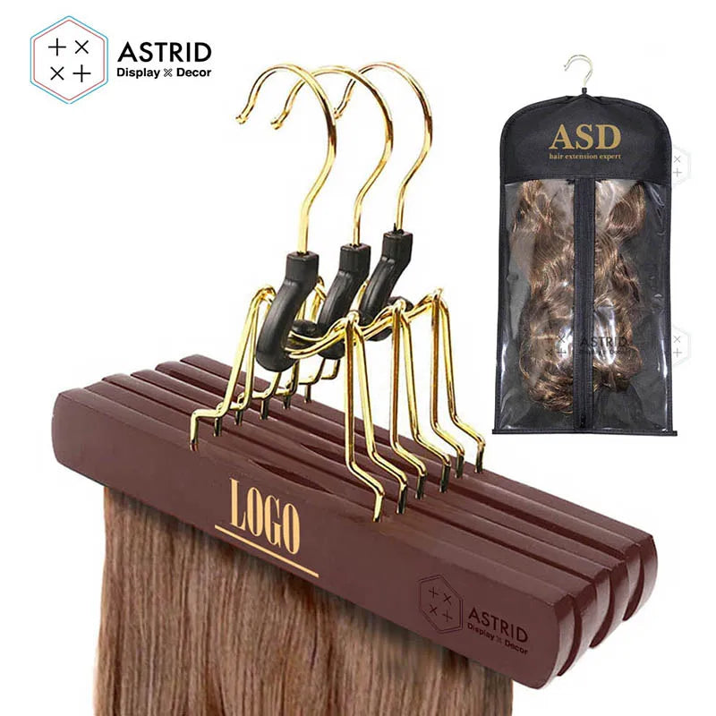 Astrid 23 CM Wooden Clips Brown Custom Logo Wig Hair Extensions Hanger for Shop Display