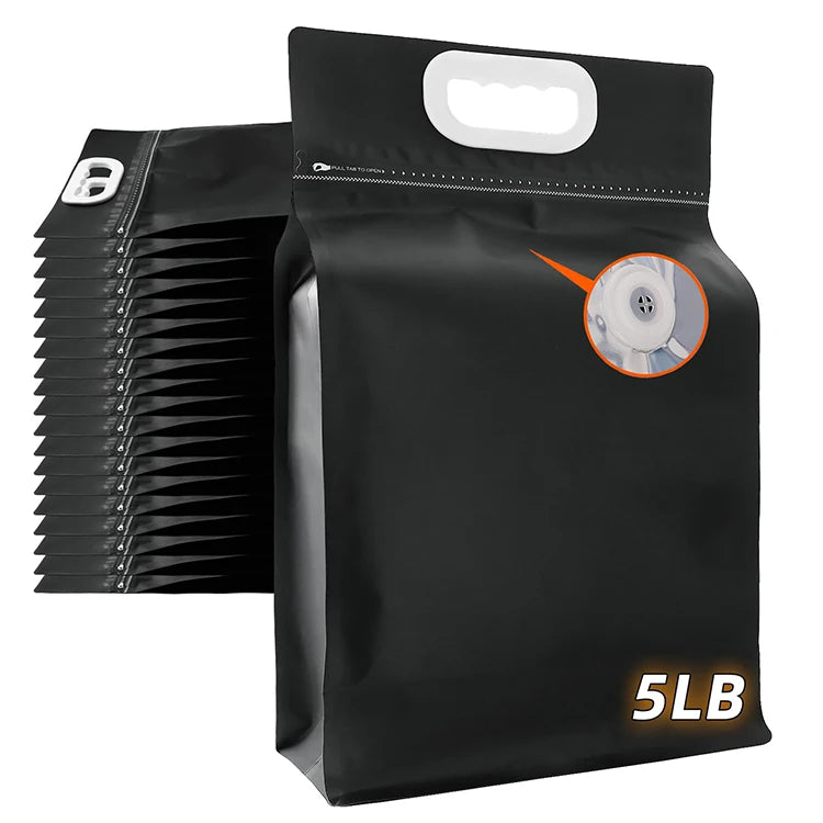 5 LB Large Capacity Coffee Bags with Valve Portable Handle Aluminum Foil Flat Bottom Coffee Beans Storage Packaging Bags