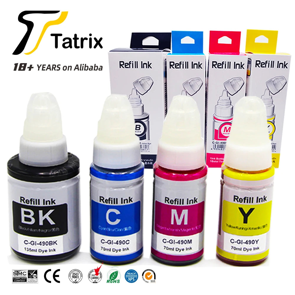 Tatrix Canon GI-490 Ink Refill Dye Ink Gi-490 for Canon Pixma G1400 G2400 G3400 G4400 G3410 MegaBDM
