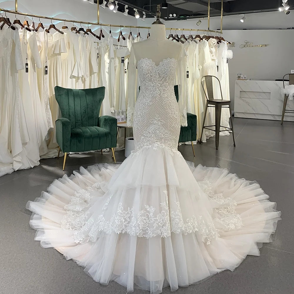 Jancember LSSG056 Illusion Long Sleeve Mermaid Wedding Long Tail Dresses
