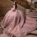 Luxury Blush Pink Quinceanera Ball Gown Off Shoulder Lace Applique Beaded Long Train Princess Prom Evening Dress MegaBDM