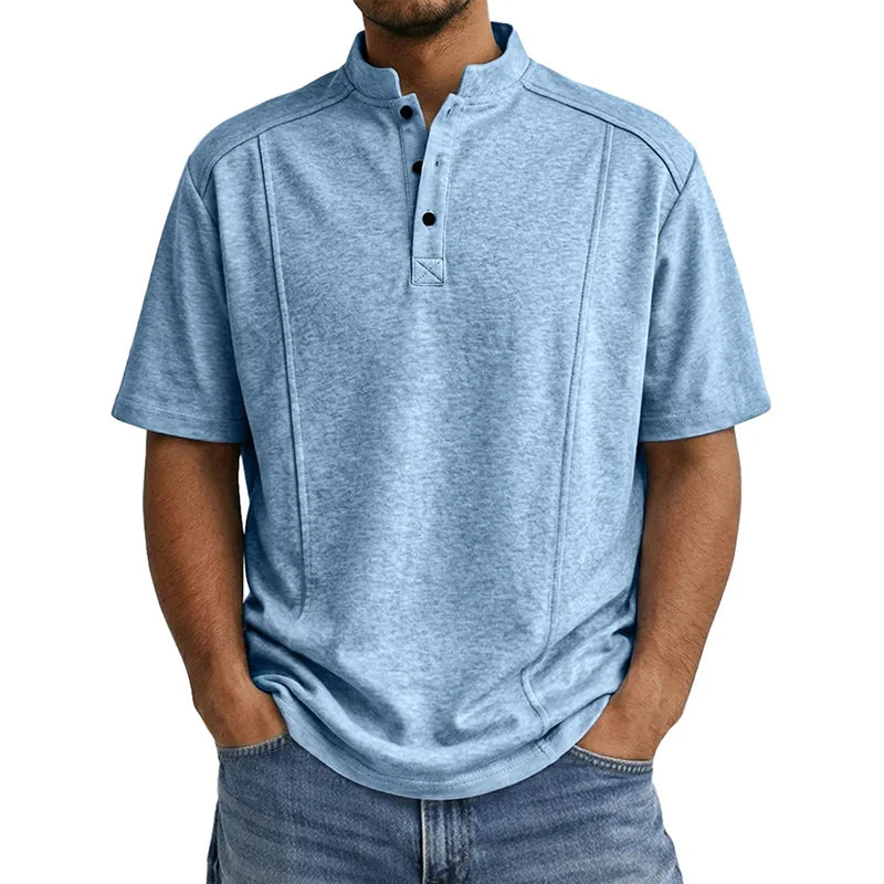 RNSHANGER Loose Fit Men's Short Sleeve T Shirt Casual Pure Color Henry Collar T-Shirt Comfortable Breathable Button T Shirts MegaBDM