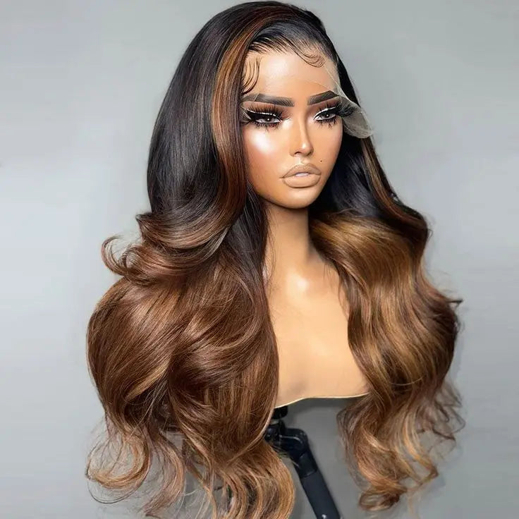 Pre-Cut 22 Inch for Ombre Wig 13*4 HD Closure 210% Density Body Wave Long Virgin Human Hair Dark Root Blonde Root Mix Hair Large MegaBDM