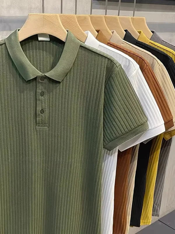 OEM Viscose Ice Silk Knit Plus Size Mens Short Sleeve Summer Striped Jacquard Breathable Versatile Comfortable Polo Knit T Shirt MegaBDM