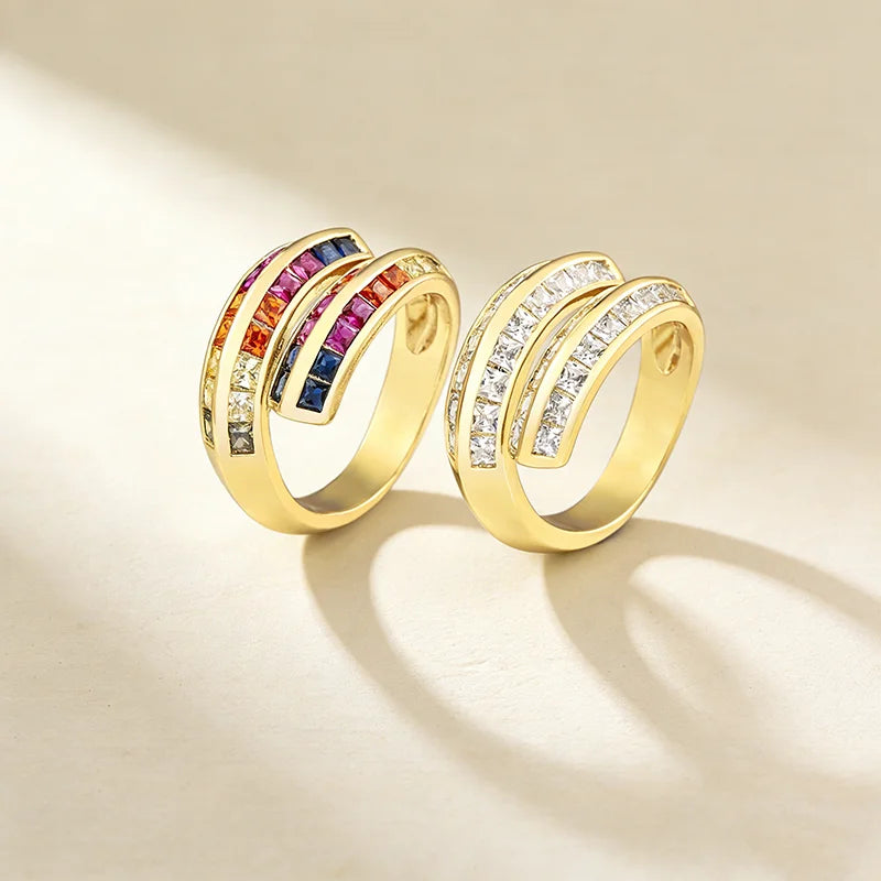 QIKU Fashion Colorful Square Diamond Open Adjustable Rings Gold Plated Bridal Wedding Engagement Jewelry Dropshipping Wholesale