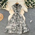 2025 Spring Turn-down Collar Tunic Casual Midi Dress For Women Sleeveless Empire Lace Dress