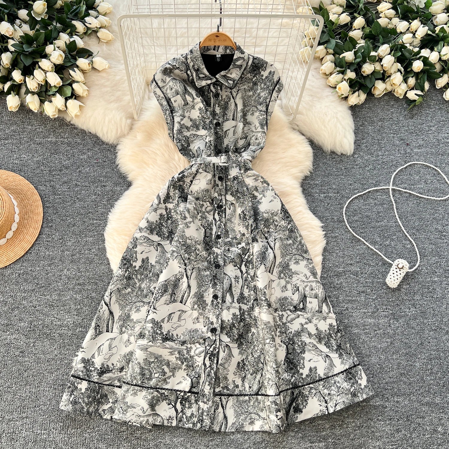 2025 Spring Turn-down Collar Tunic Casual Midi Dress For Women Sleeveless Empire Lace Dress