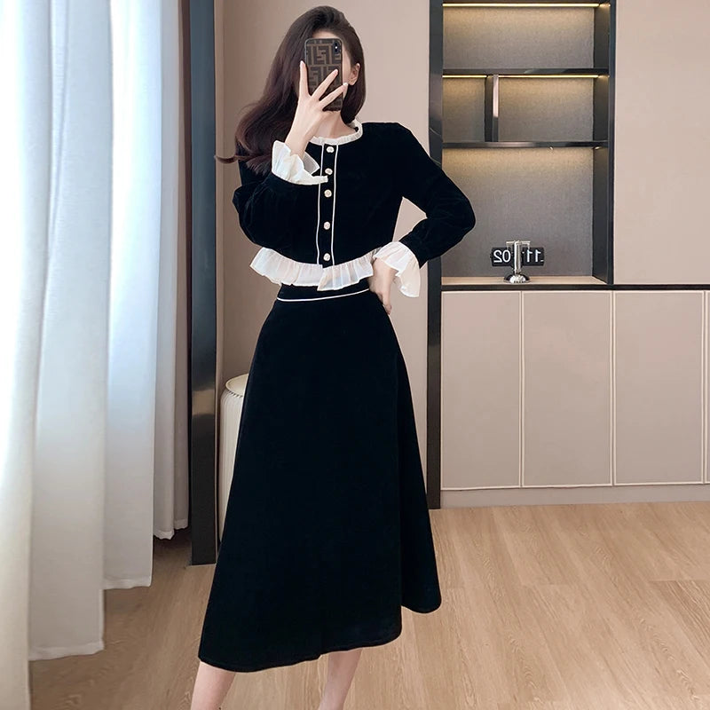 Fall Casual 2 Piece Set for Women Top And Velvet Skirts Set Ropa Wholesale