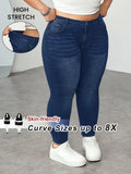 Women's Casual Comfortable Jeans Plus Size Mid Waist Pencil Pants Solid Washed Denim for Autumn