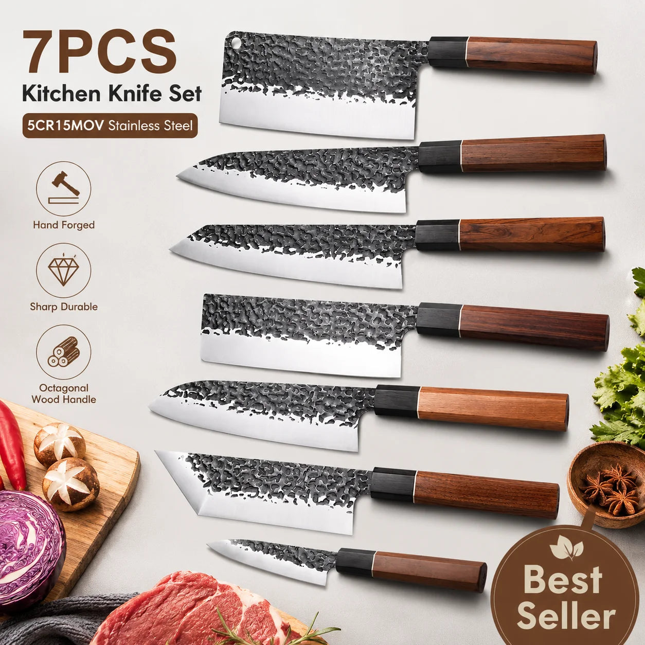 2024 Japanese Style  Kitchen Knife Set Hand Forged 5CR15MOV Steel Chef's Butcher's Knife with Sour Branch Star Anise Handle