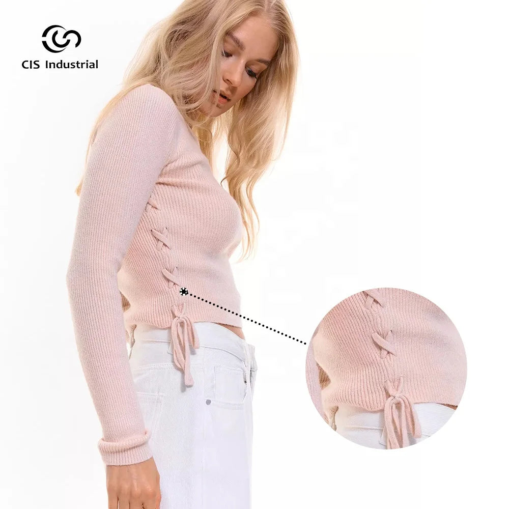 OEM Customizable Women's Round Neck Long Sleeve Crop Top Street Fashion Y2K Knitwear Sweater Front Logo Casual Pull Rope Top
