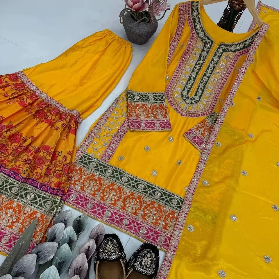 Latest Traditional Party Heavy Chinon Silk with Chine Sequins Work Pakishtani Sharara Suit Set