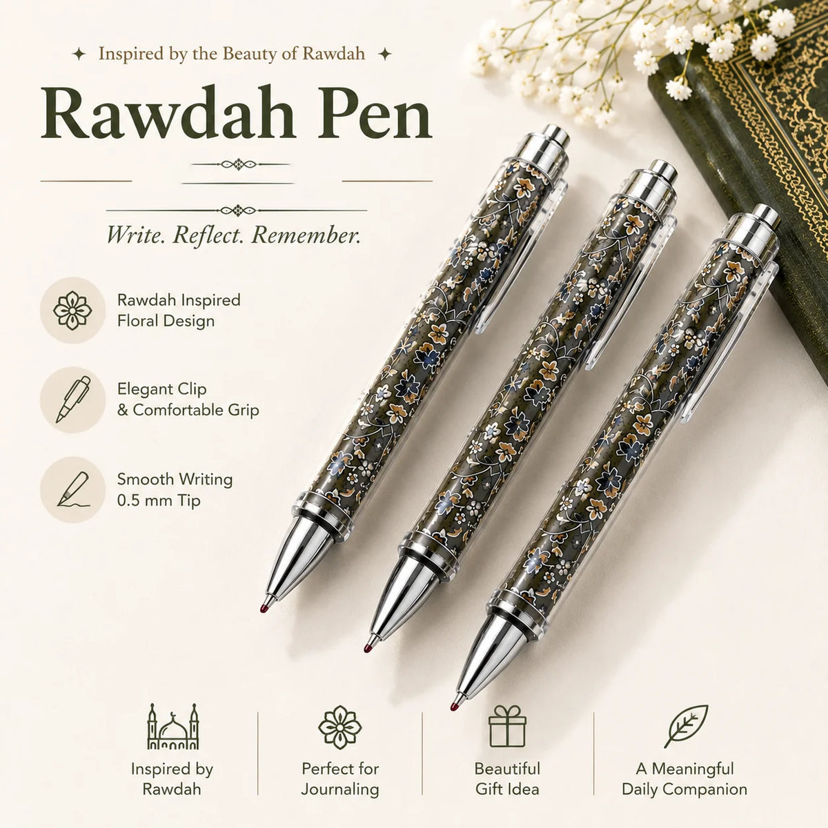 Rawdah Inspired Floral Ballpoint Pen Press Gel Pen Muslim Islamic Stationery Gift Pen Madinah Garden Pattern MegaBDM