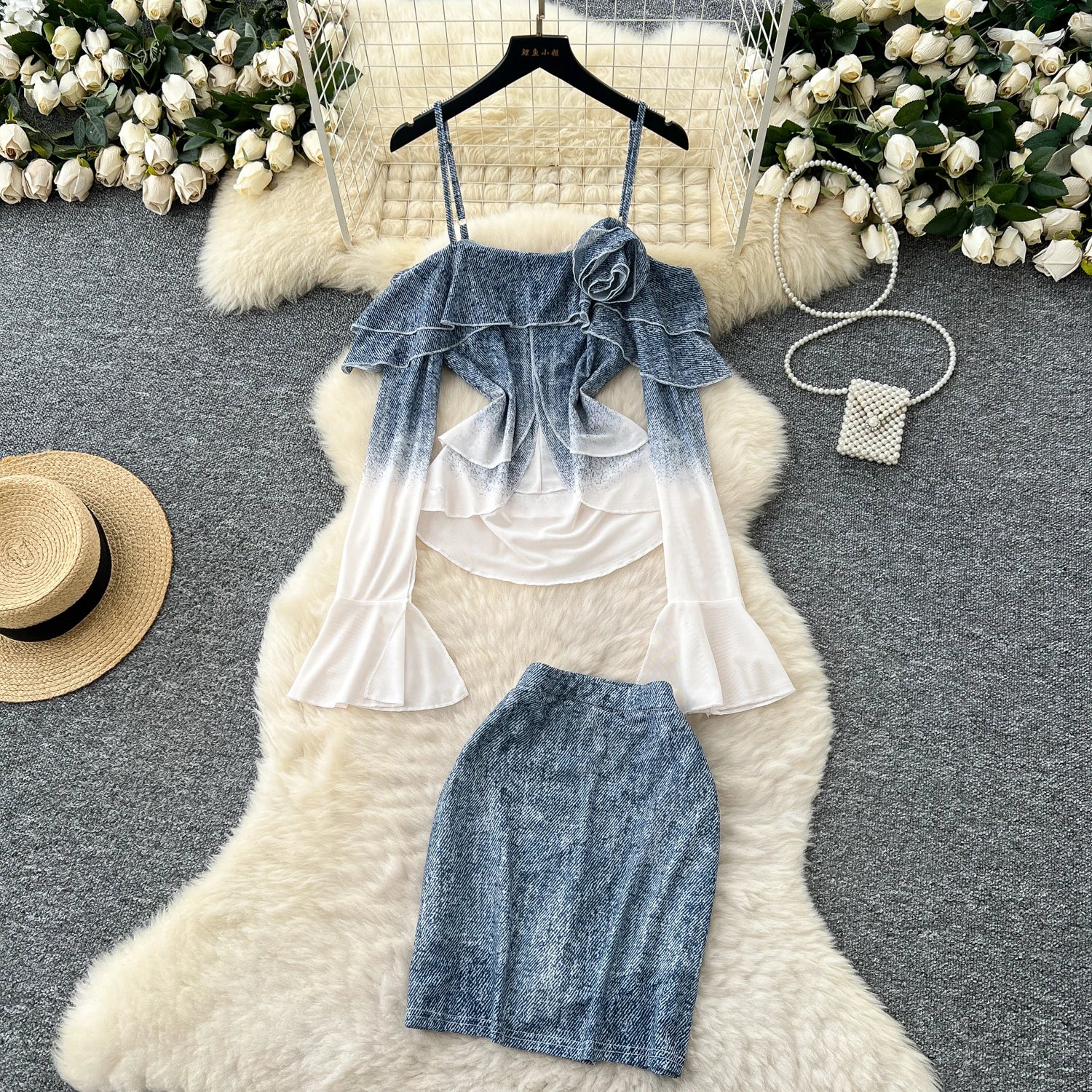 Women's Y2K Sets Flare Sleeve Top And High Waist Slit Hip Skirts Set Clothing Wholesale