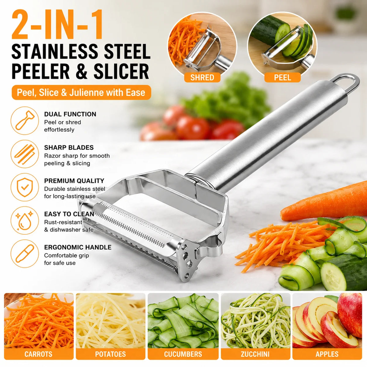 Dual-Head Stainless Steel Manual Hand Peeler & Cutter Multi-Functional Kitchen Accessory for Fruits Vegetables Lemons MegaBDM